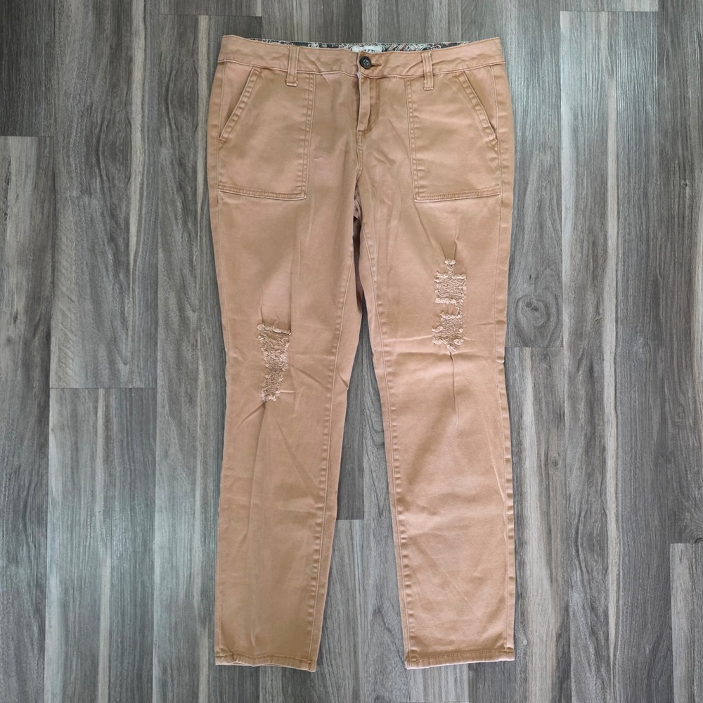 BKE Mollie Ankle Skinny Distressed Tan Pants Size 29 Utility Patch Pockets
